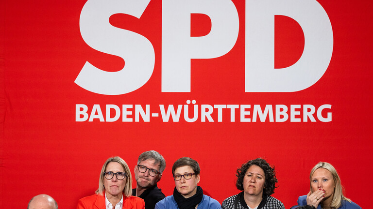 08.03.2026; Parteimitglieder der SPD Baden-Württemberg reagieren auf die neuen Hochrechnungen der Landtagswahl in Baden-Württemberg. Die SPD verliert viele Stimmen und rutscht deutlich ab.