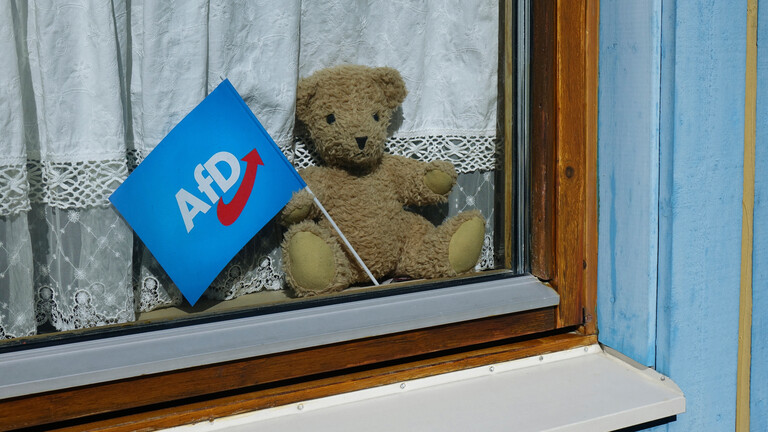 27.05.2026, In einem Fenster befindet sich ein Teddybaer mit einem AfD Faehnchen.