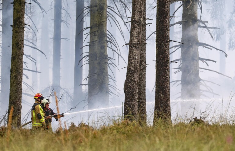 Feuerwehrmänner bei Löscharbeiten im Hohem Venn.
