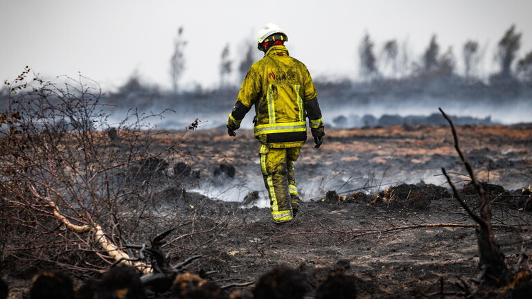 Ein Feuerwehrmann geht durch die abgebrannte Moorlandschaft im Hohen Venn.