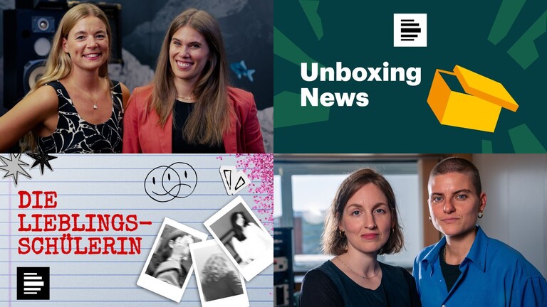 Die Hosts von Unboxing News und Die Lieblingsschülerin sowie die Logos der Podcasts