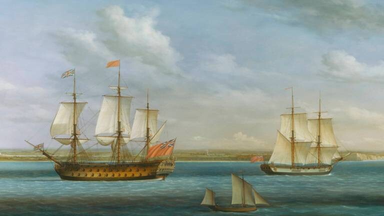 Das Gemälde von 1758 zeigt das britische Schiff Royal William und andere Segelschiffe in Peconic Bay, Long Island, Nordamerika.