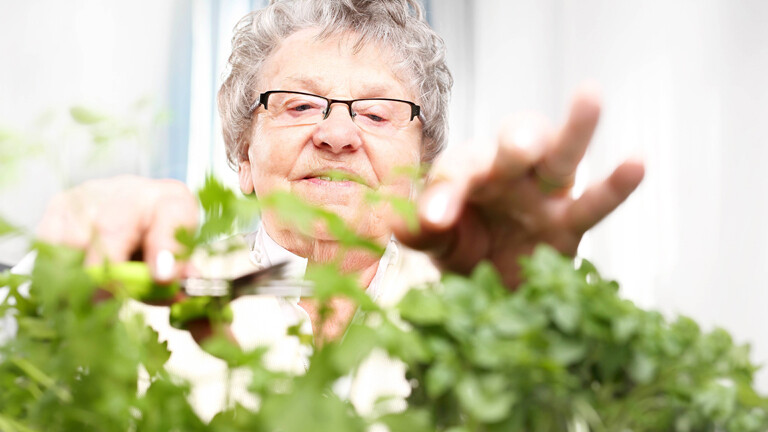 Eine ältere Frau schneidet Kräuter und lächelt dabei