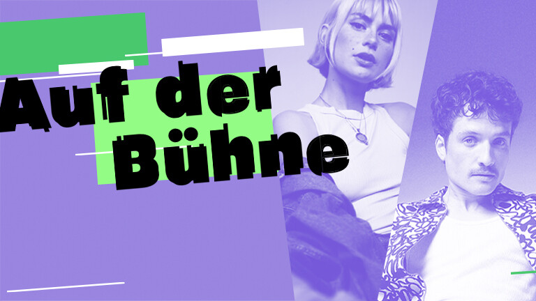"Auf der Bühne" steht auf lilafarbenem Hintergrund, daneben Fotos der Musiker Alli Neumann und Paul Wetz
