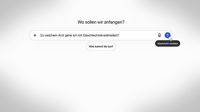 Screenshot der Suchmaske von ChatGPT, in die die Frage "Zu welchem Arzt gehe ich mit Geschlechtskrankheiten?" eingetippt ist.