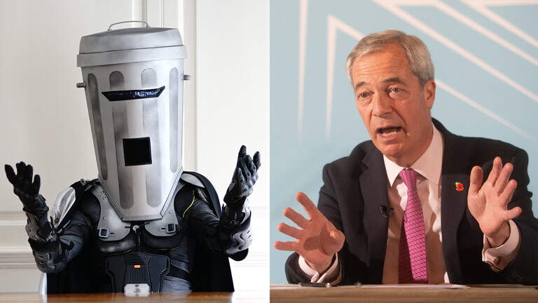 Fotocollage aus Archivbildern des Vorsitzenden von Reform UK, Nigel Farage (rechts), und Count Binface, übersetzt: Graf Mülleimer-Gesicht (links)