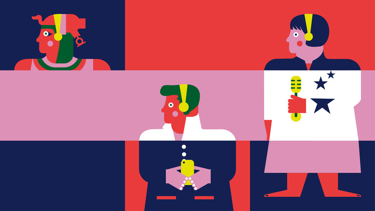 Die Illustration für das Dlf-Podcastfestival "History Talks" zeigt drei Figuren der Geschichte: Ramses II., Elvis Presley und Angela Merkel. Alle drei tragen Kopfhörer.  Elvis hält zusätzlich ein Smartphone in der Hand und Angela Merkel ein Mikrofon.