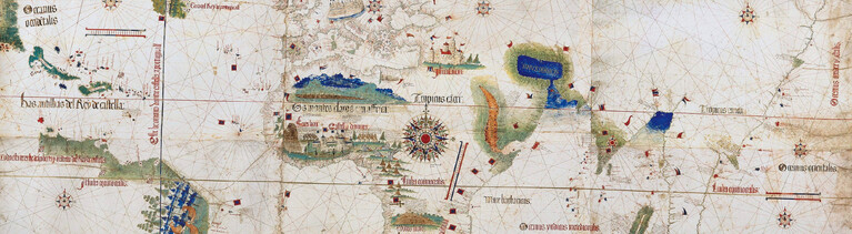 Weltkarte zeigt die Aufteilung nach dem Vertrag von Tordesillas 1494