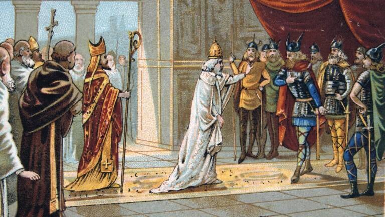 Papst Stephan II. bittet in Paris Pippin III. (714-768) um Hilfe gegen die Langobarden. Pippin III. war König der Franken ab 751, Vater von Karl dem Großen. Chromolithografie einer Handelskarte aus dem 19. Jahrhundert.