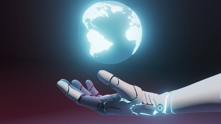 Eine 3D-Illustration zeigt eine roboterähnliche Hand, über der eine leuchtende Weltkugel schwebt.