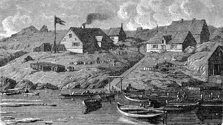 Die Siedlung Jakobshavn an der Westküste von Grönland, im Jahre 1882, digitale Reproduktion einer Originalvorlage aus dem 19. Jahrhundert