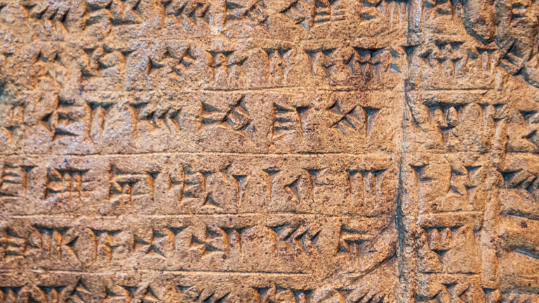 Antike assyrische und sumerische Keilschrift-Gravur auf einem Stein aus Mesopotamien.