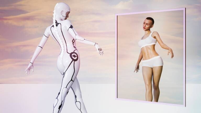 Ein Roboter blickt in einen Spiegel und ist darin als Frau zu sehen
