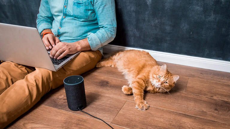 Ein Mann sitzt auf einem Holzboden, daneben ein Smart Speaker und eine Katze