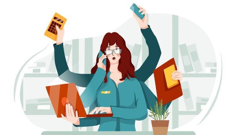Grafik: Frau vier armen mit Laptop in der Hand, Handy am Ohr und anderen Bürogegenständen