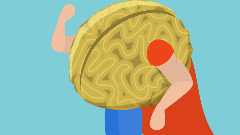 Eine Illustration zeigt das menschliche Gehirn mit einem roten Cape wie ein Superheld.
