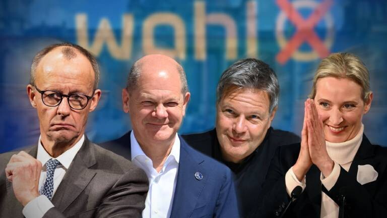 Fotocollage: Merz, Scholz, Habeck und Weidel.