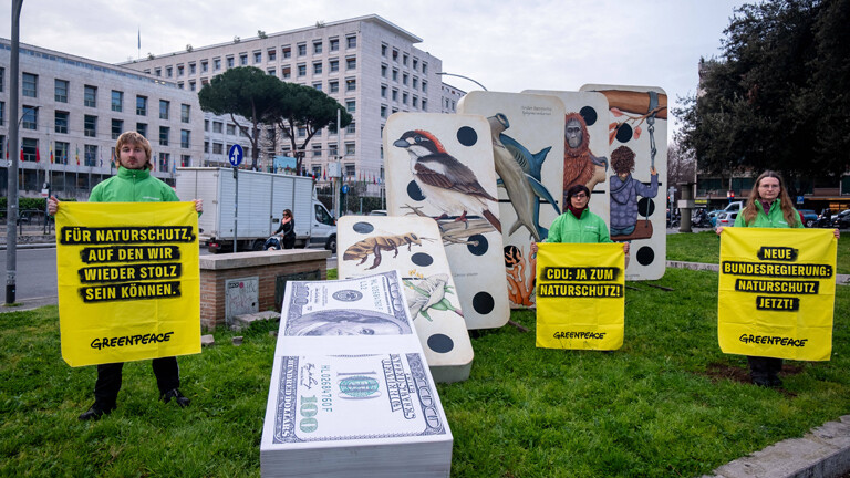 February 24, 2025, Rome, Rm, Italy: Ahead of the beginning of the COP16 conference in Rome, Greenpeace activists stage a protest in front of the FAO building.