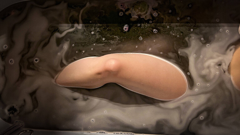 In einer Badewanne ist Wasser eingelassen und darin liegt vermutlich eine Frau. Wir sehen ein nacktes Bein, das aus dem Wasser ragt.