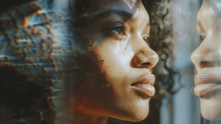Eine junge schwarze Frau guckt nachdenklich aus dem Fenster, in dem sich ihr Gesicht spiegelt.