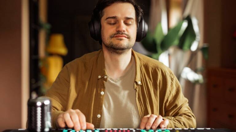 Ein Mann sitzt an einem Keyboard und trägt dabei Kopfhörer. Sein Augen sind geschlossen.