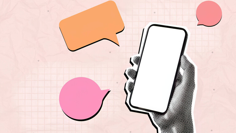 Illustration: Ein Hand hält ein Smartphone - drei Sprechblasen befinden sich drumherum