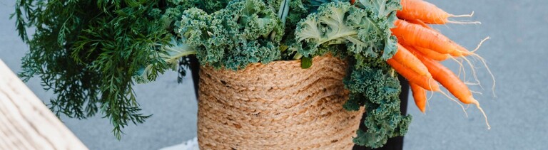 Eine Frau hält eine Korbtasche in der Hand, in der Grünkohl und Karotten herausragen.