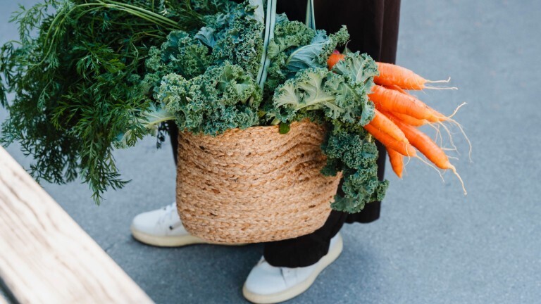 Eine Frau hält eine Korbtasche in der Hand, in der Grünkohl und Karotten herausragen.