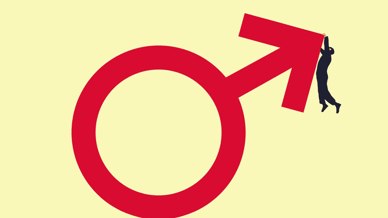 Grafik: Mann hängt an männlichem Geschlechtssymbol (Symbolbild)