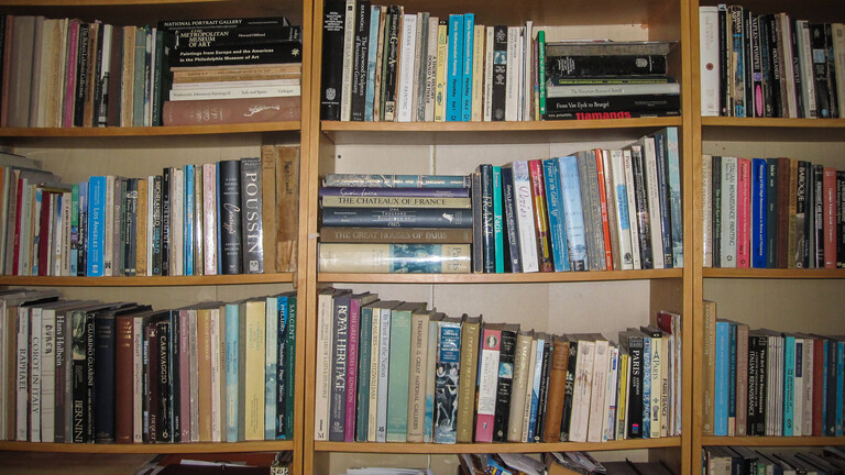 Bücher liegen und stehen in einem Bücherregal