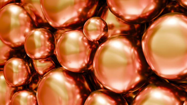 Abstraktes Cluster aus glänzenden orangefarbenen 3D-Kugeln
