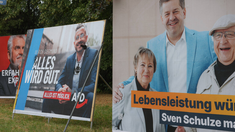 Wahlplakate von Armin Willingmann (SPD), Ulrich Siegmund (Alternative für Deutschland, AfD) und Ministerpräsident Sven Schulze (CDU) für die Landtagswahl in Sachsen-Anhalt im September 2026, fotografiert im Juli 2026 in Magdeburg
