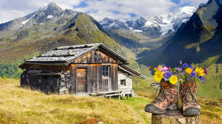 Bergstiefel mit Blumen stehen vor dem Panorama der Berge