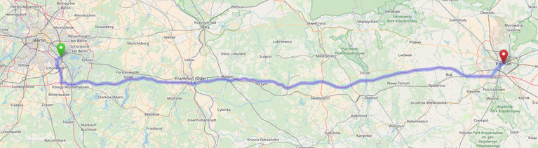 Eine Landkarte mit einem Weg zwischen Berlin und Posen
