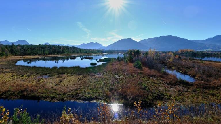 Sonnenlicht über der Nicklheimer Filze bei Raubling im Landkreis Rosenheim. Die herbstliche Moorlandschaft mit Wasserflächen, Vegetationsinseln und Blick auf die Bayerischen Alpen zeigt die typische Struktur des geschützten Hochmoorgebiets im Alpenvorland.