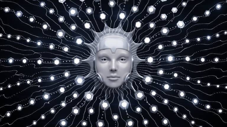 Ein silberfarbener, stiliserter Kopf auf schwarzem Hintergrund, daneben in Strahlen angeordnete Punkte