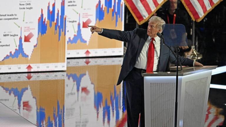 US-Präsident Donald Trump verweist auf Fotos einiger Diagramme, die er während seiner Dankesrede als republikanischer Präsidentschaftskandidat auf dem Republikanischen Parteitag in Milwaukee zeigt.