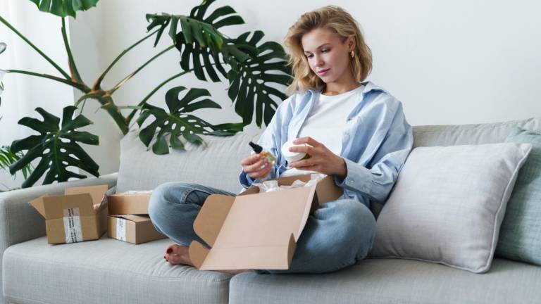 Frau sitzt zu Hause auf dem Sofa und packt Online-Bestellungen aus