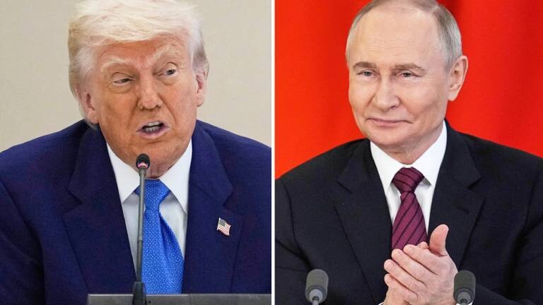 Kombinationsfoto von US-Präsident Donald Trump und dem russischen Präsidenten Wladimir Putin bei einer Wirtschaftsdiskussion am 16. Mai 2025 in Abu Dhabi